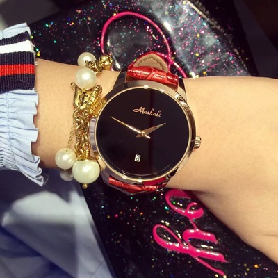 韩版大表盘简约带钻女士手表皮带手表休闲时尚潮流学生腕表时装表