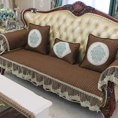 欧式沙发垫子奢华皮沙发坐垫冬毛绒纯色实木美式四季布艺套罩防滑
