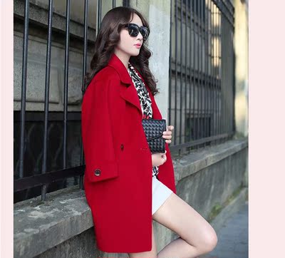 羊毛呢大衣 韩版女装2015秋冬新品 中长款西装双面呢羊毛外套上衣