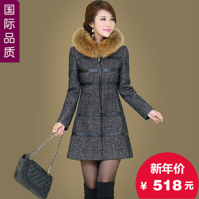 高档毛领带帽羊绒大衣女2015冬装新款品牌正品羊毛呢子外套中长款