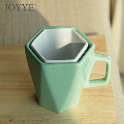 送礼棱角简约纯色陶瓷水杯棱形杯马克杯创意情侣杯陶瓷杯对杯