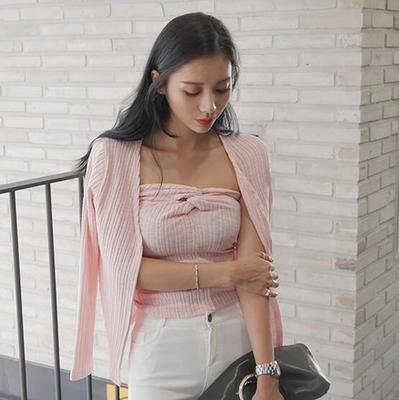2016年秋季新款韩国 优雅淑女风两件套交叉抹胸上衣针织衫