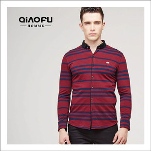 乔夫（QIAOFU) 2015秋季长袖衬衫男士休闲款条纹衬衣修身纯棉免烫