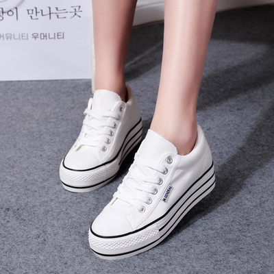 春秋新款韩版内增高低帮帆布鞋潮系带厚底女学生白色松糕底布鞋