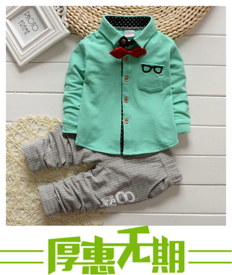 韩版潮童秋冬装男童加绒衬衫套装小童纯棉领结宝宝长袖长裤两件套
