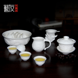 特价包邮功夫茶具套装盖碗陶瓷茶具茶洗浮雕龙整套白瓷茶具礼瓷
