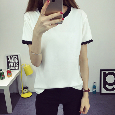 韩版2016夏季女装新款学生装纯色宽松慵懒风短袖圆领套头T恤衫女