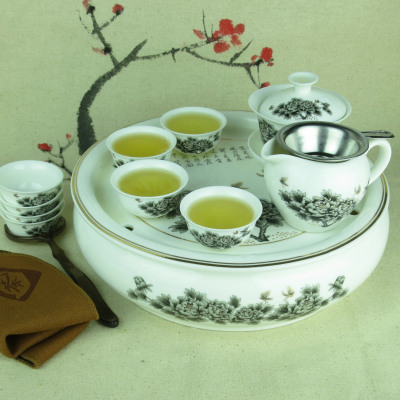 高档潮汕功夫茶具套装 白色青花瓷骨瓷 整套带圆形陶瓷茶盘礼品盒