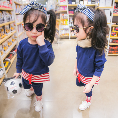 女童套装秋装新款童装2016韩版运动儿童两件套女宝宝小童条纹套装