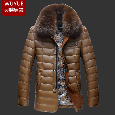 冬季休闲潮男式狐狸毛可拆卸翻领高端皮衣羽绒服中年保暖修身外套