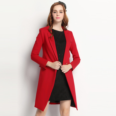 2015秋冬新款纯色红色翻领一粒扣时尚修身中长款外套大衣