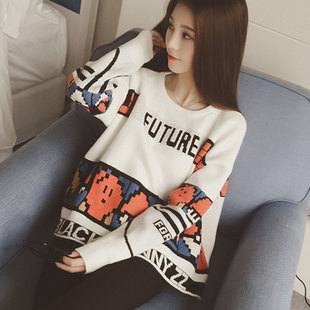 2015秋季卡通提花新款女韩版宽松休闲套头针织衫字母图案撞色毛衣