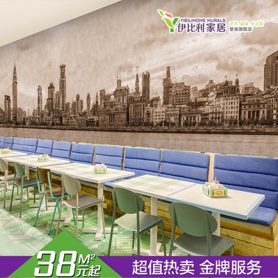 复古怀旧建筑风景大型壁画上海城市无缝壁纸休闲咖啡餐厅网咖墙纸