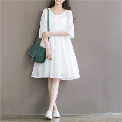 8804森女系日系文艺中袖连衣裙系带宽松全棉学生白色点点仙女裙