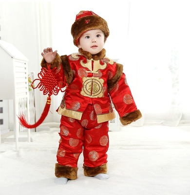 儿童唐装男童套装冬款加绒加厚宝宝抓周拍照喜庆新年装1-2-3-4红