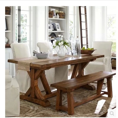 美式乡村复古实木餐台餐桌长凳组合定做田园长方形全木饭桌子定制