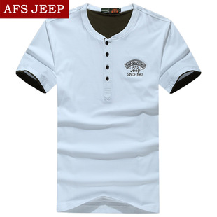 2015夏季新款AFS JEEP 战地吉普半袖t恤 正品纯色V领短袖男T恤潮