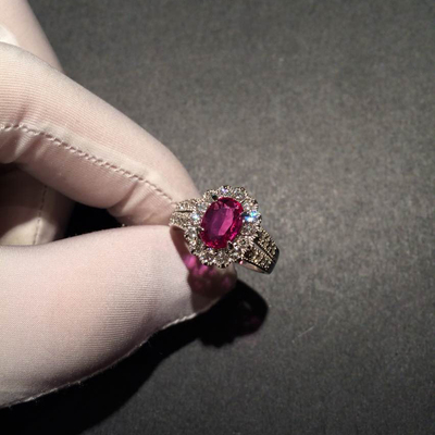普罗蒂珠宝白1克拉粉红宝石戒指女款18K白金镶钻石红宝石彩宝戒指
