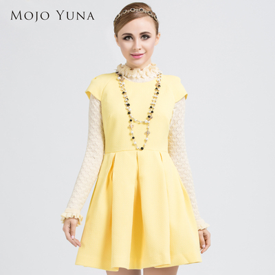 MOJOYUNA2015新款女装打底百褶修身显瘦气质长袖甜美风连衣裙0073