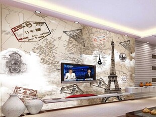 大型壁画巴黎埃菲尔铁塔地图电视卧室餐厅背景墙纸壁纸个性定制