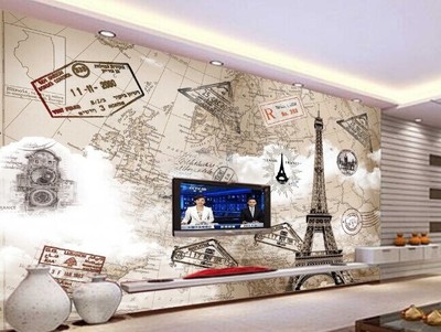 大型壁画巴黎埃菲尔铁塔地图电视卧室餐厅背景墙纸壁纸个性定制