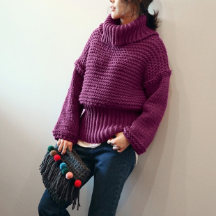 韩国代购冬季新款韩版修身粗棒针加厚高领套头纯色手工针织毛衣女
