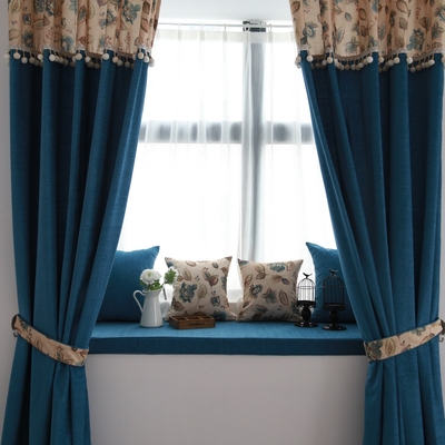上源纺 定制窗帘定做订做地中海飘窗帘客厅卧室窗帘布孔雀蓝系列