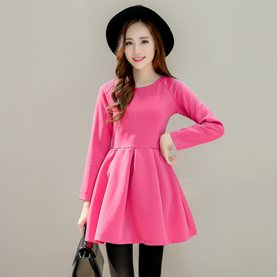 2015韩版新款秋冬装修身时尚玫红色长袖蓬蓬裙女装显瘦公主连衣裙
