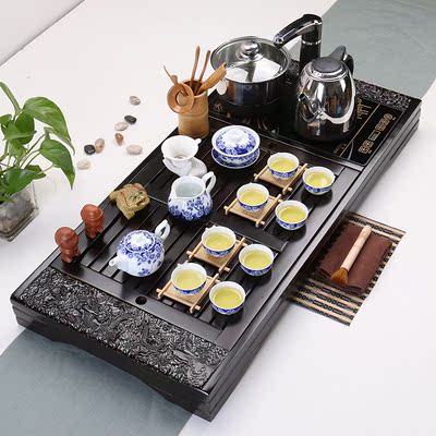 青花陶瓷紫砂功夫茶具烧水茶壶电磁炉实木茶盘四合一体整套装特价