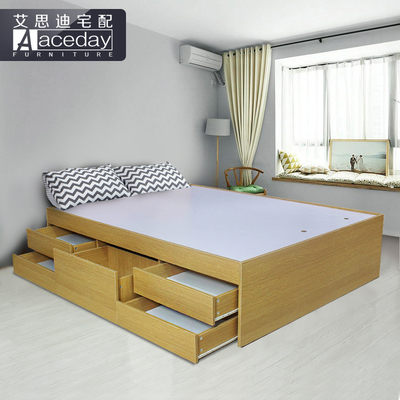 简约板式床日式榻榻米床储物床高箱床收纳床抽屉床单双人床1.5米
