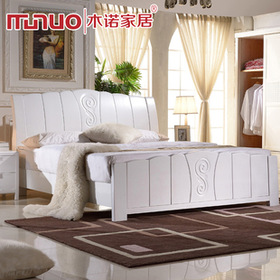 木诺 实木床 橡木床 双人床白色 现代床 1.5 1.8米可配储物高箱