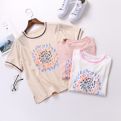 2016夏季新款韩版数字字母个性印花撞色夹边大码多色短袖T恤女