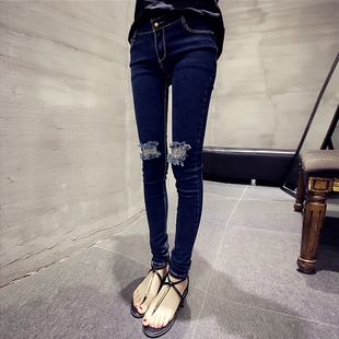 批发批发批发2015新款韩版修身显瘦包腿低腰做旧破洞牛仔裤 女