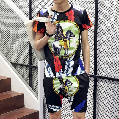 男士韩版潮流时尚印花圆领短袖T恤短裤两件套衣服男潮运动套装夏