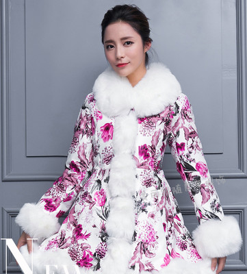 新款韩版仿羊皮印花中长款皮草外套女修身显瘦皮衣大毛领皮棉大衣