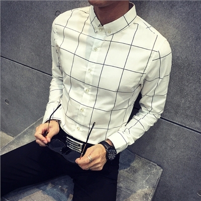 2016秋季大格子男长袖衬衫扣领修身男工作衬衫气质休闲长袖衬衫