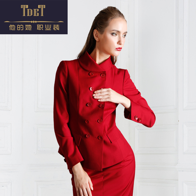 TDET新款套装职业装红色时尚修身正装小西装OL工作服套装裙
