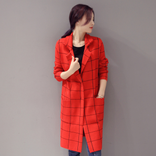2016秋季新款韩版时尚大方格中长款长袖西装领针织风衣女