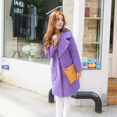 2015秋冬新款女韩版粗花呢子大衣中长款修身紫色羊毛呢外套