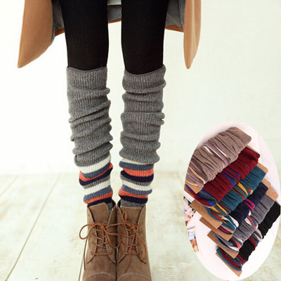 秋冬新款韩版羊毛保暖针织加厚脚套撞色加长彩色条纹袜套包邮女