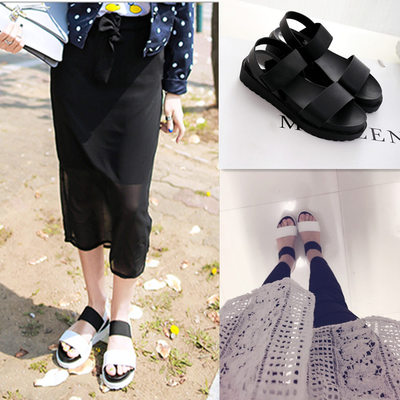 韩国stylenanda夏真皮凉鞋平底欧美黑白色松糕厚底罗马学生女鞋
