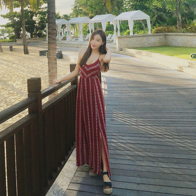 2016欧美酒红美人海滩度假连衣长裙露背系带沙滩裙波西米亚海滩裙