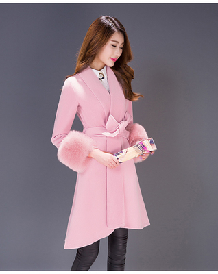 2015冬季韩版新款毛呢外套女中长款加厚修身长袖百搭系带大衣外套