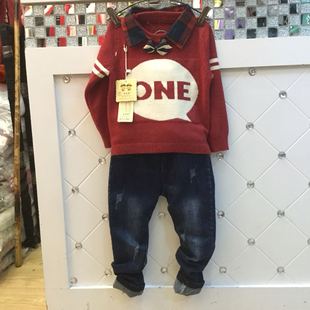 童装新款韩版字母衬衣领可拆卸假两件套头男孩毛线毛衣针织衫毛衣