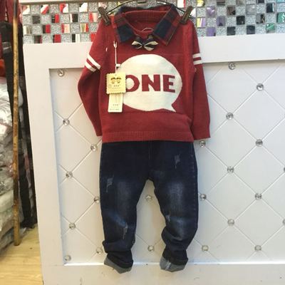 童装新款韩版字母衬衣领可拆卸假两件套头男孩毛线毛衣针织衫毛衣