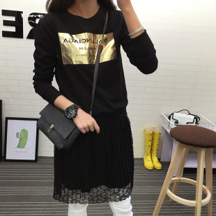 韩国 纯棉印花女款长袖T恤黑色春季新款卫衣毛圈棉休闲字母