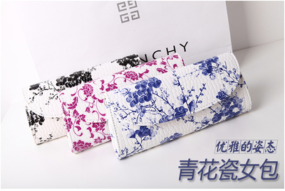 2015新款时尚民族风青花瓷花朵磁扣手拿包小包包单肩包钱包