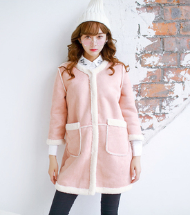 大脸猫 2015冬装新款时尚韩版加绒毛毛羊羔毛外套大衣女