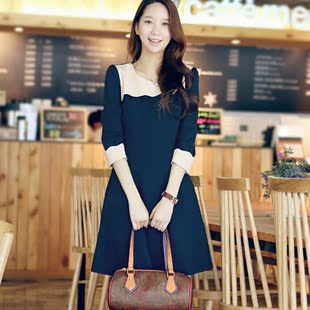 2016春夏新款女装韩版中袖连衣裙韩国学生气质修身中长款打底裙子
