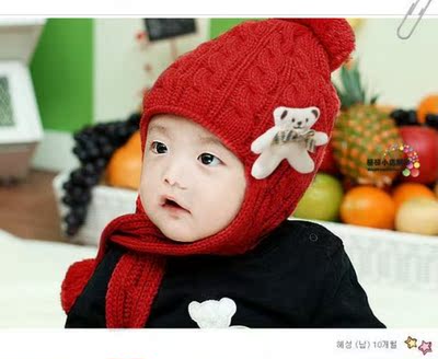韩国婴儿童帽  男女宝宝小熊毛线 冬帽 护耳帽子 包邮